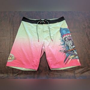Vibrant Pink and Green Graphic Swim Shorts
